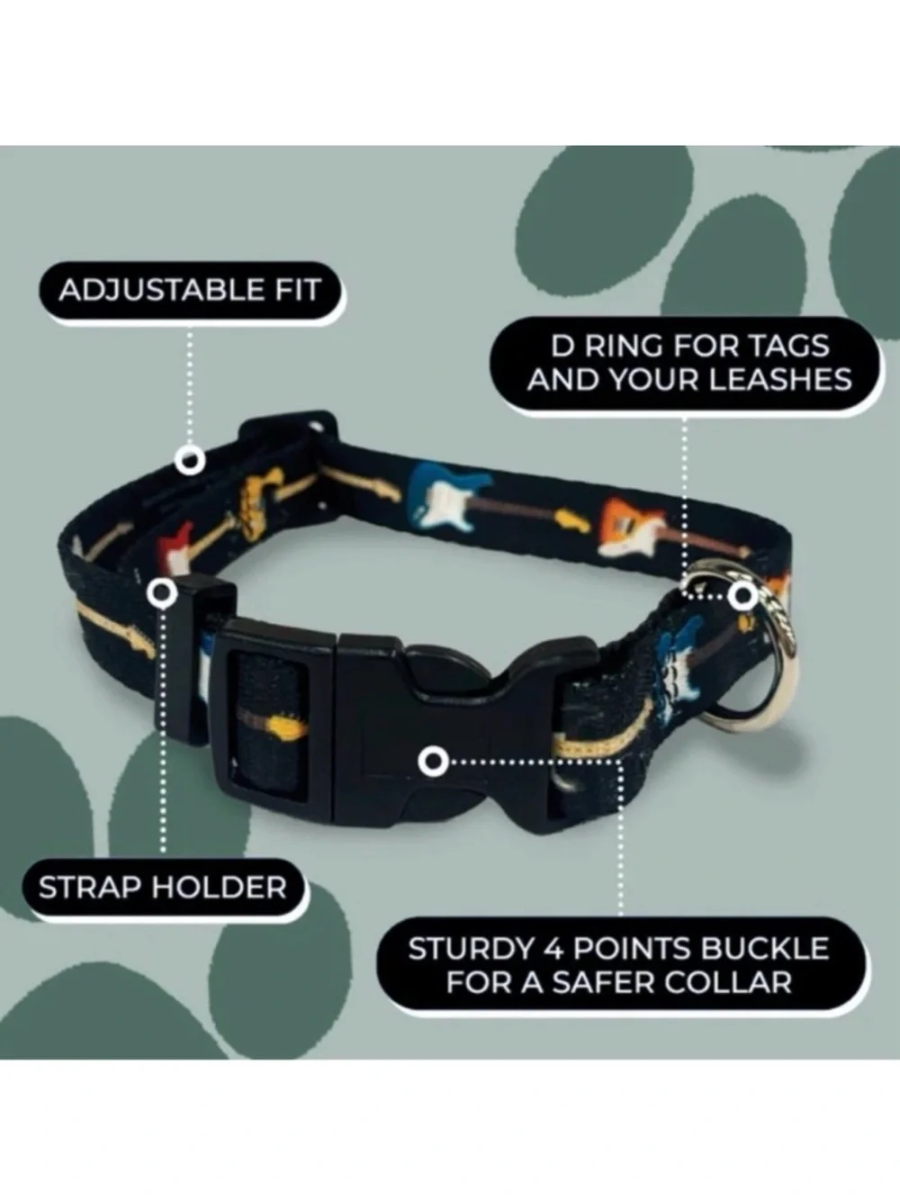 Perri's Fender Guitar Size Large (56-70 lbs) Pet Logo Dog Collar Black New W Tag
